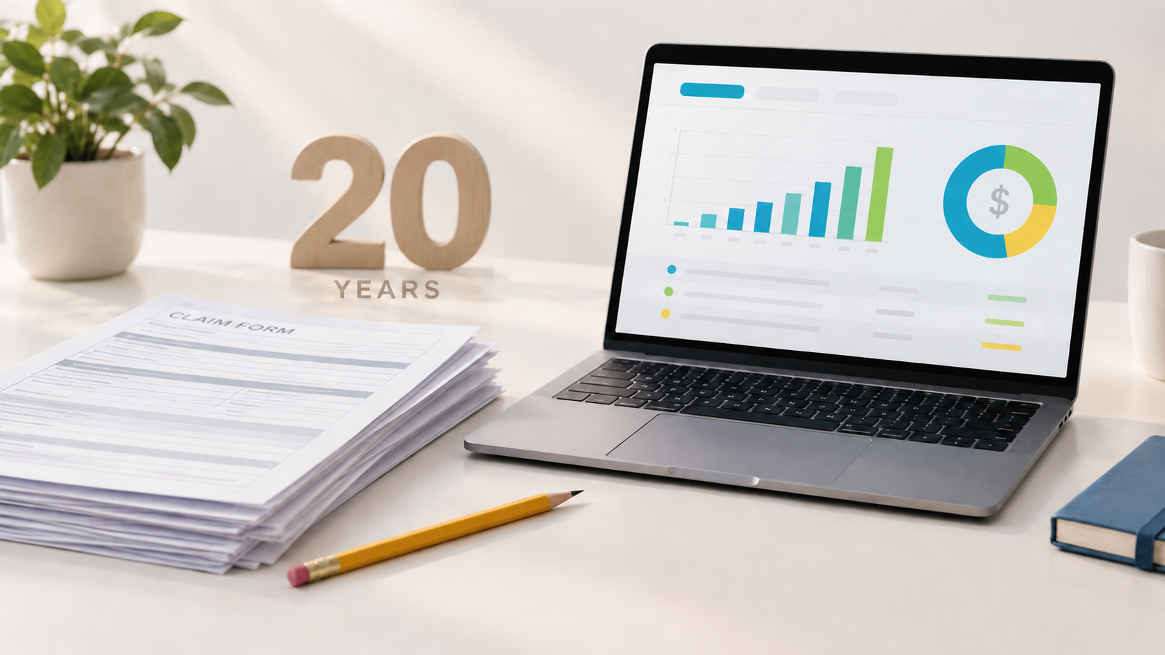 laptop with bar graph, a pile of paper and the number 20